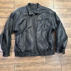 Vintage-Serge Platini Black Leather Moto Bomber Jacket Milan Italy Large